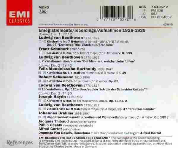 【古典音乐】蒂博、卡萨尔斯、柯尔托《钢琴三重奏》3CD.1991[FLAC+CUE/整轨]